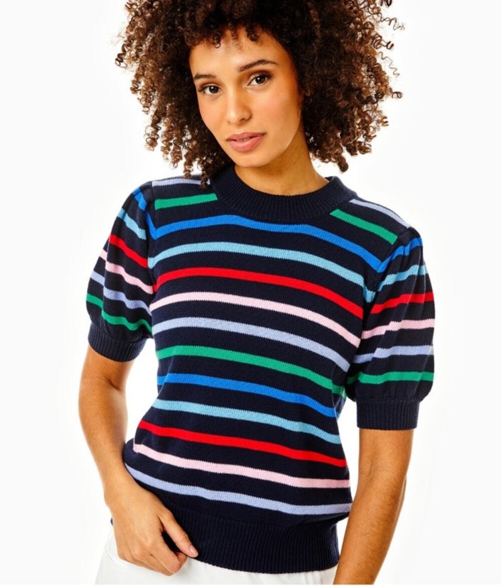 Addison Bay Locust Navy Rainbow Stripe Short Sleeve Sweater XS